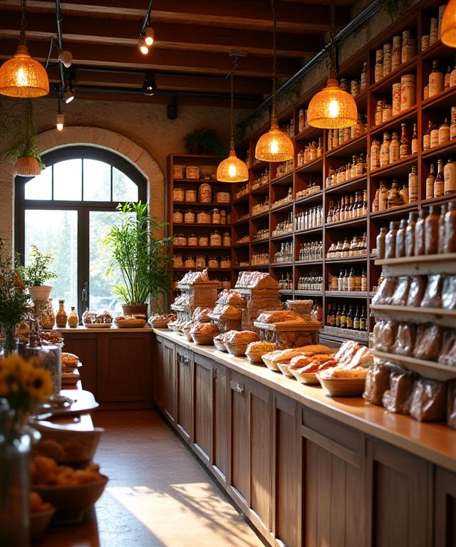 Intérieur chaleureux de l'épicerie BelleCueillette avec des étagères en bois remplies de produits artisanaux.