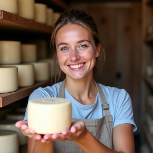 Fromagère présentant ses fromages de chèvre frais.