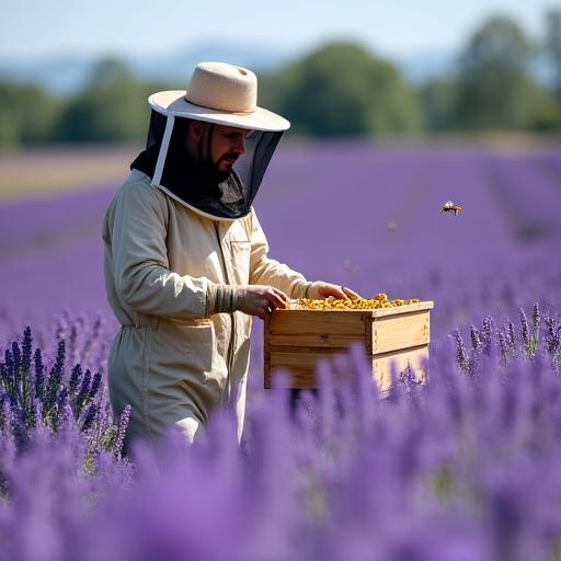 Apiculteur travaillant avec ses ruches dans un champ de lavande.